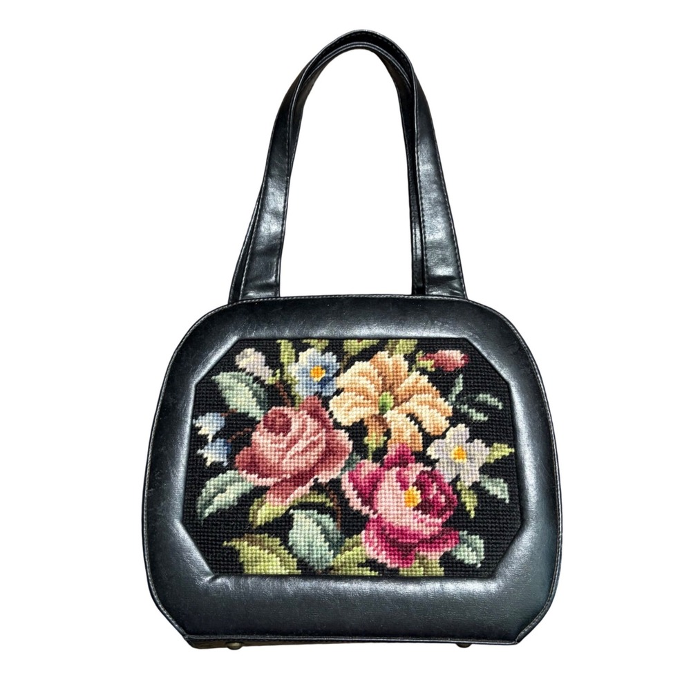 Vintage Floral Needlepoint Tapestry Handbag Black Faux Leather Satchel Purse